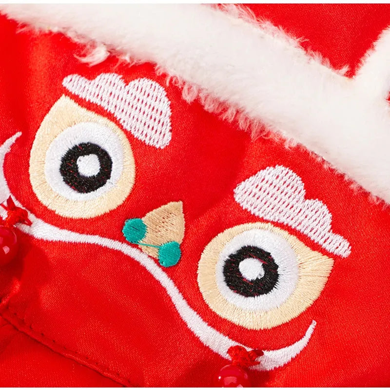 Lion dance pet costume cotton-padded red dog and cat warm clothing with tassels