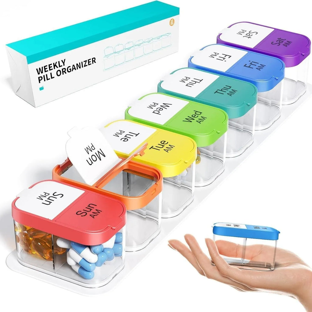14-compartment pill organiser with removable sections in white and rainbow colour options