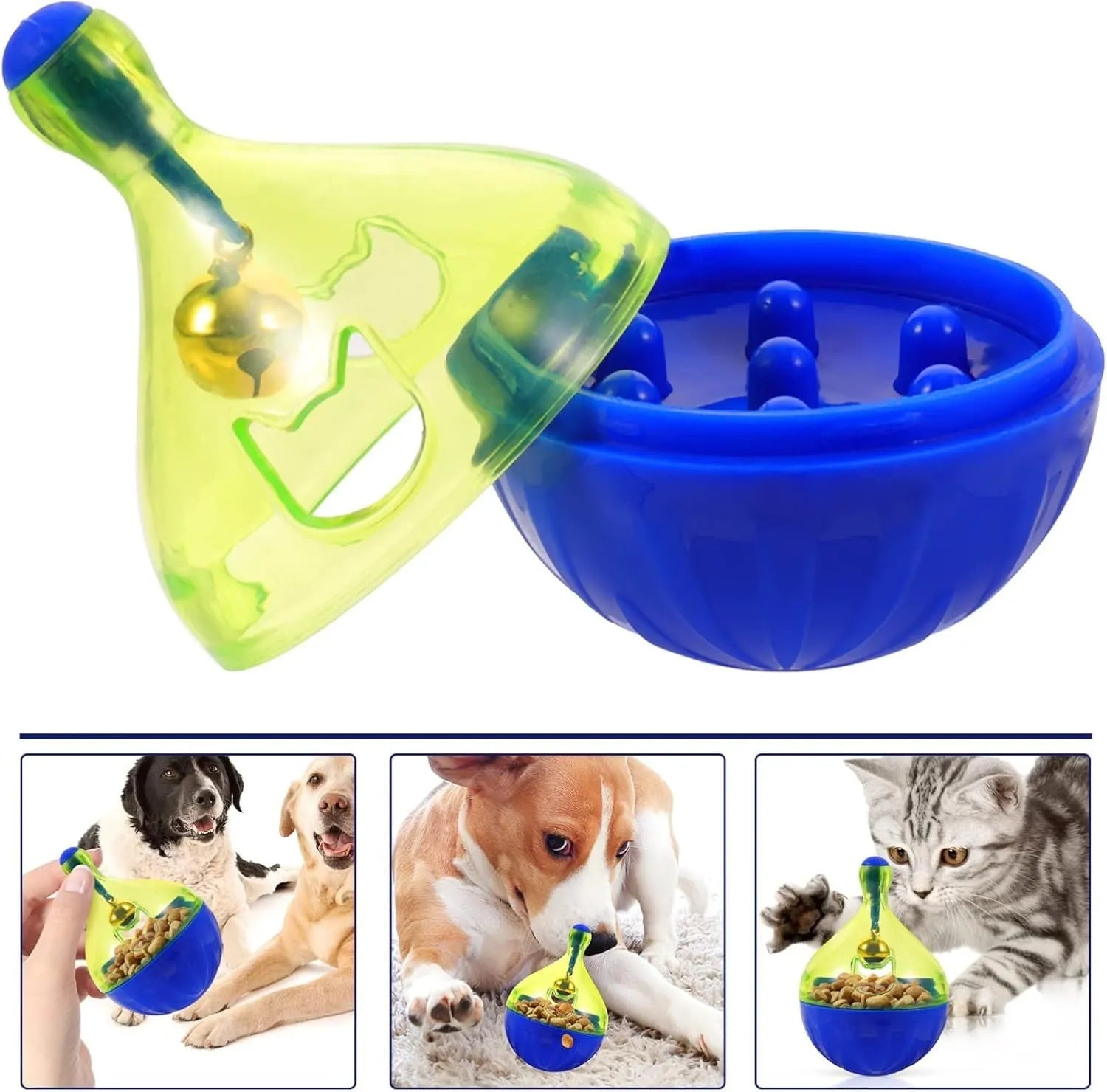 Tumbler-shaped pet treat dispenser toy for dogs and cats with interactive food release mechanism