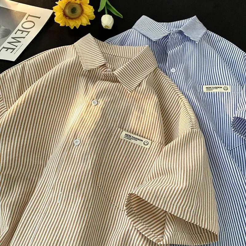 Blue and green striped loose fit polyester shirt with half sleeves