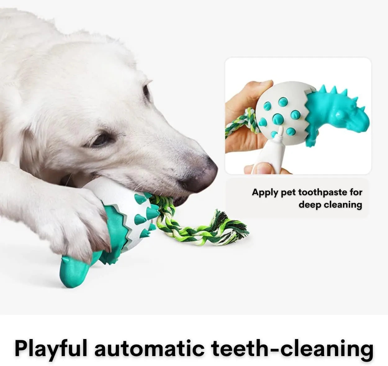 Blue durable rubber and nylon dinosaur-shaped dog chew toy with an integrated rope for fetch and tug games.