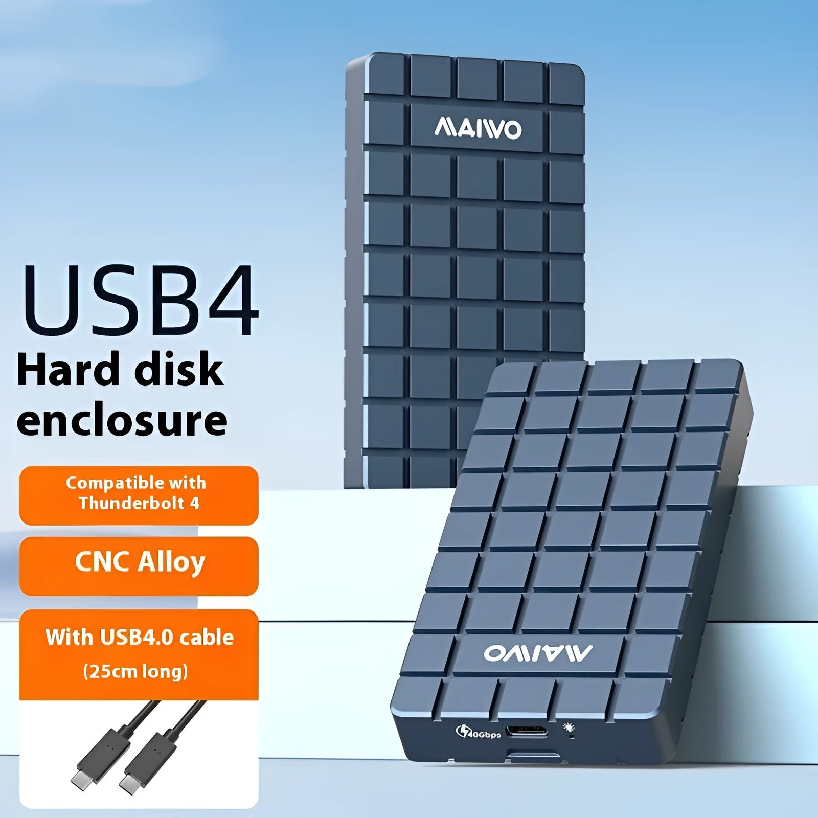 Compact aluminum USB4 external hard drive enclosure for M.2 NVMe SSDs on a desk.
