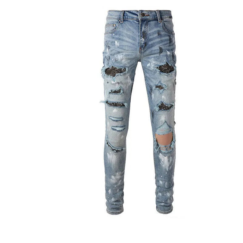 Blue denim stretch retro ripped diamond jeans for men with diamond pattern tears, front view