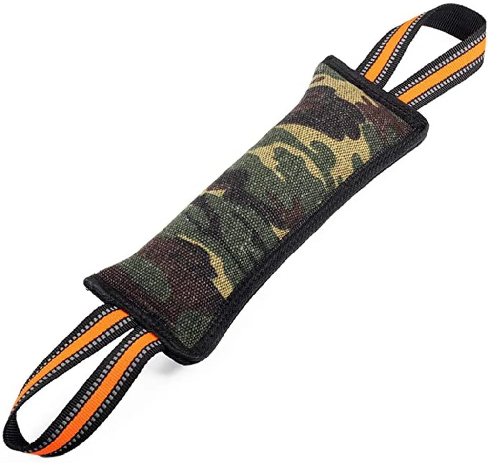 Reflective dog training jute bite stick with yellow edge, 55 cm length, on outdoor grass