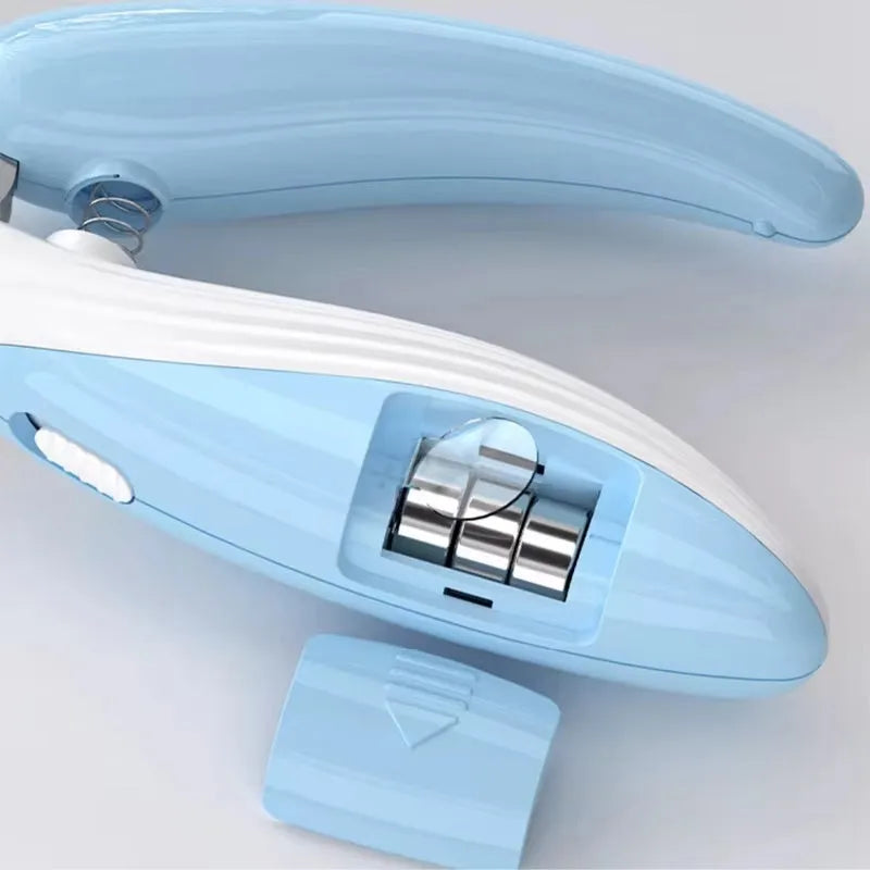 Whale Nail Clippers with LED light in Light Blue, showing half-moon blade and safety lock