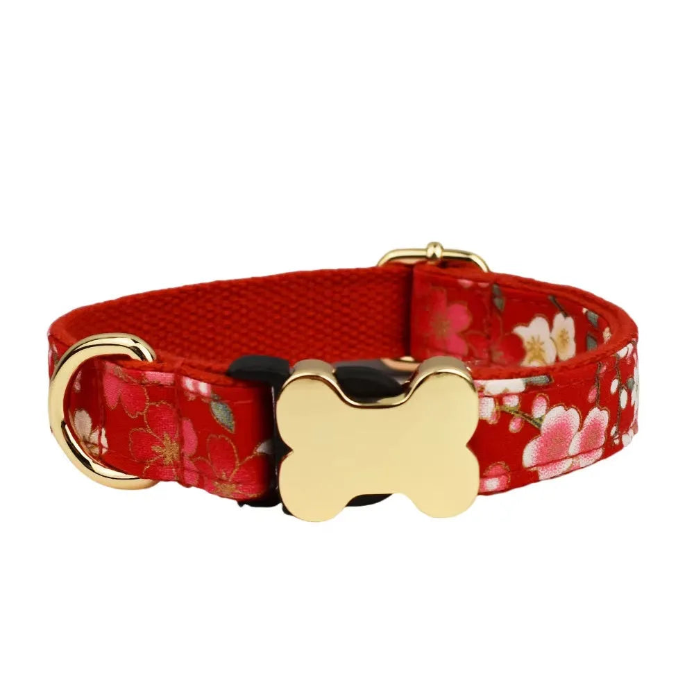 Flat fabric printed grid nylon dog collar with bone buckle closure in multiple colours