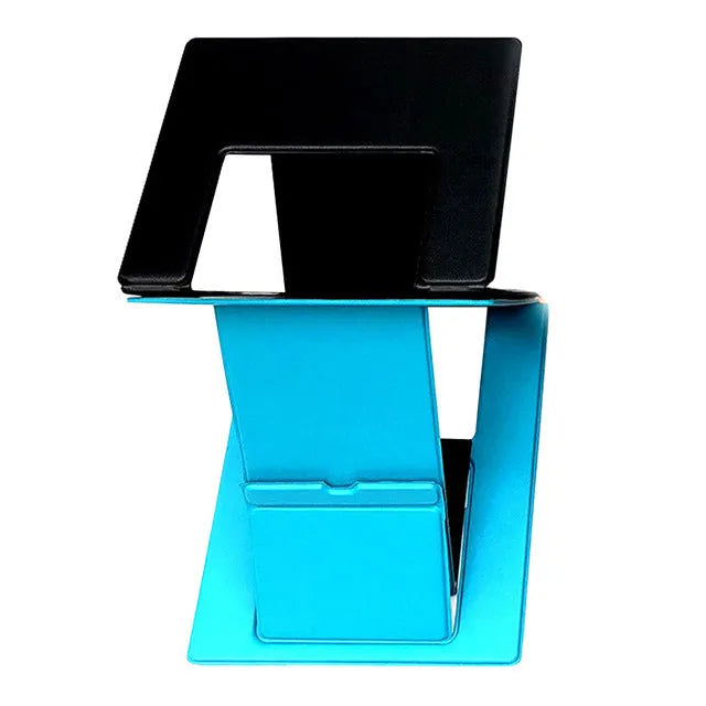 Folding multi-angle adjustable laptop stand in black, blue, and orange on a desk
