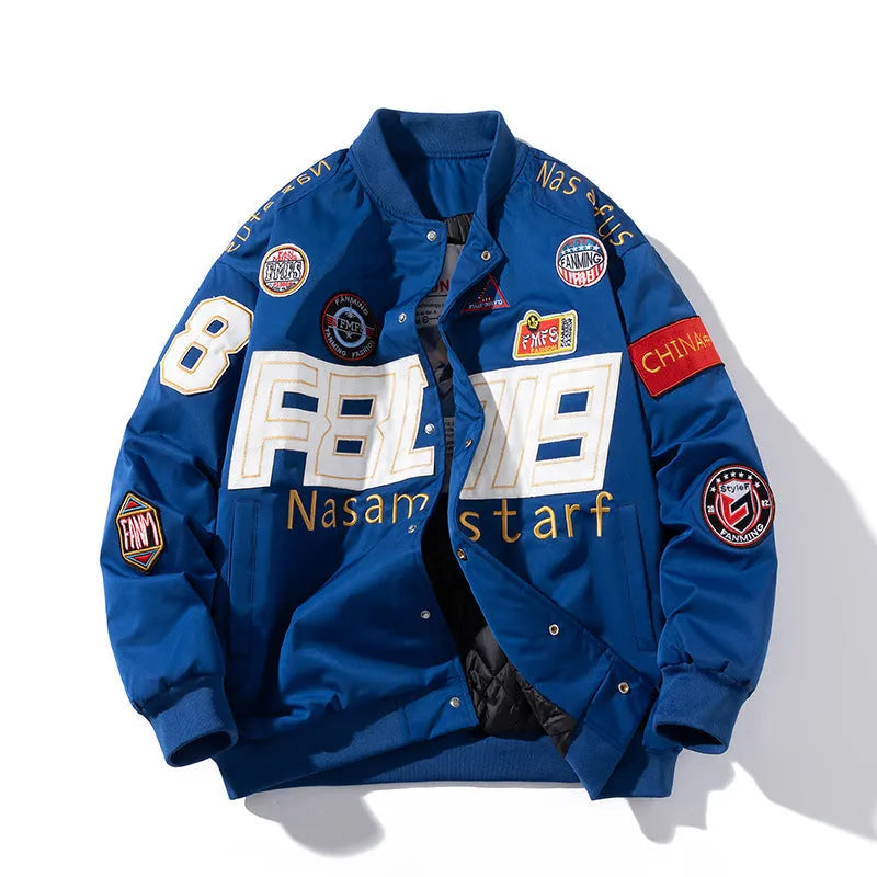 Black American motorcycle baseball jacket with removable hood and side pocket on a mannequin.