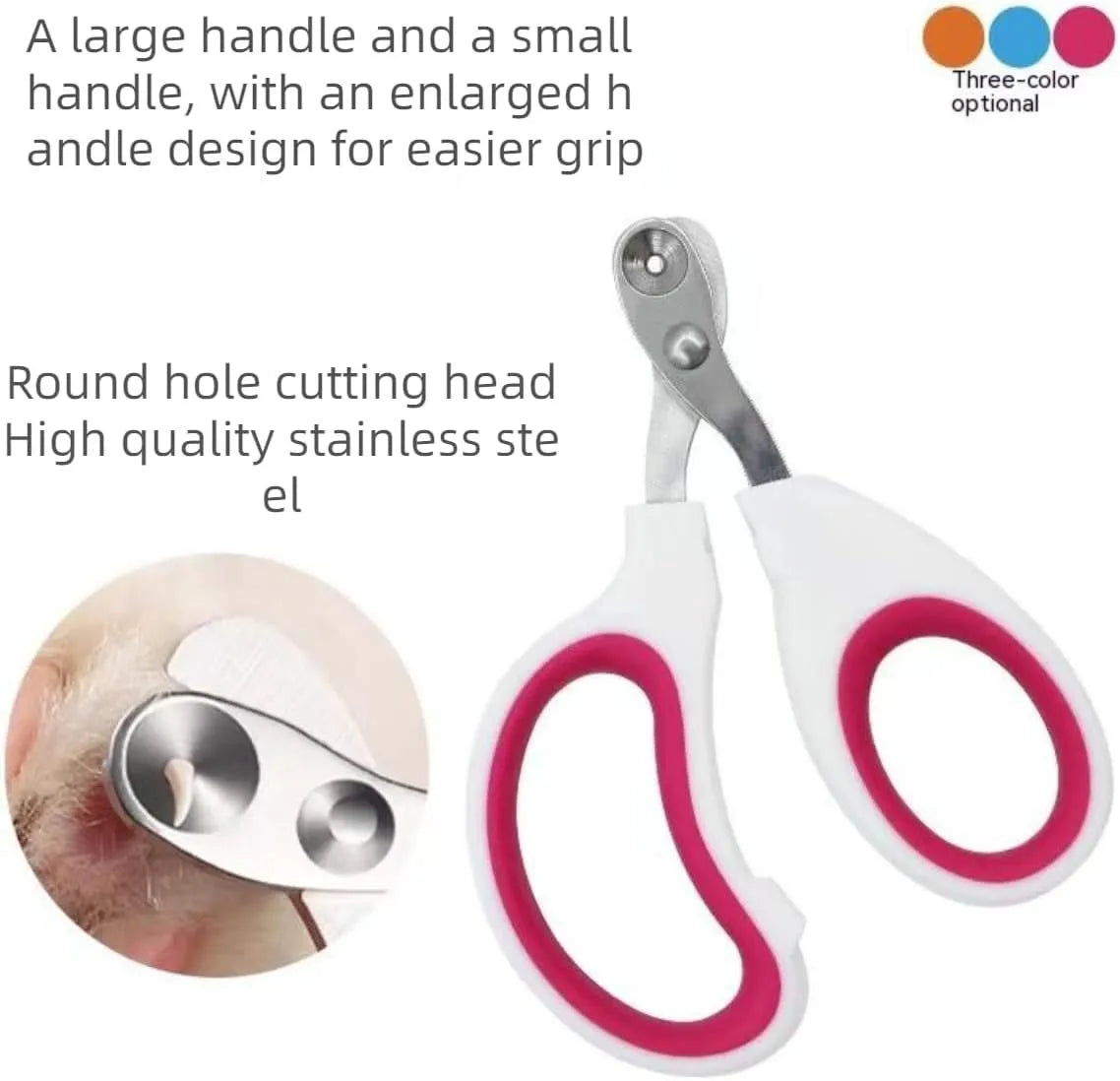 Blue pet nail clippers with a circular cutting hole and cushioned non-slip handle.