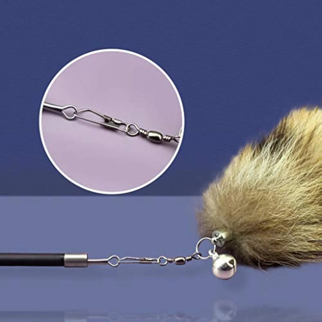 Black cat toy wand with feather attachment and elastic string for interactive play