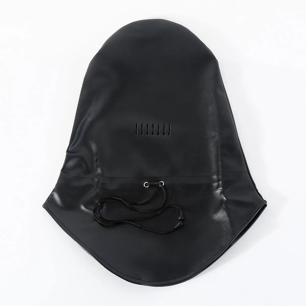 Black leather BDSM mask with adjustable headgear straps for adult training