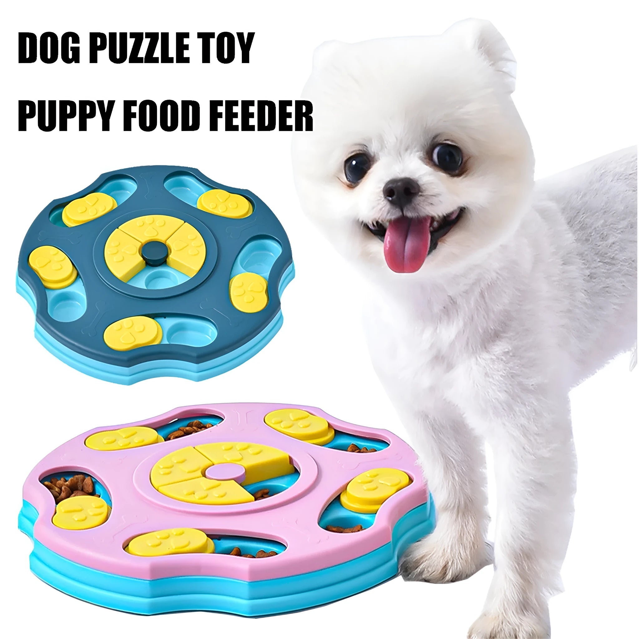 Blue dog puzzle food bowl with sliding compartments for interactive feeding games
