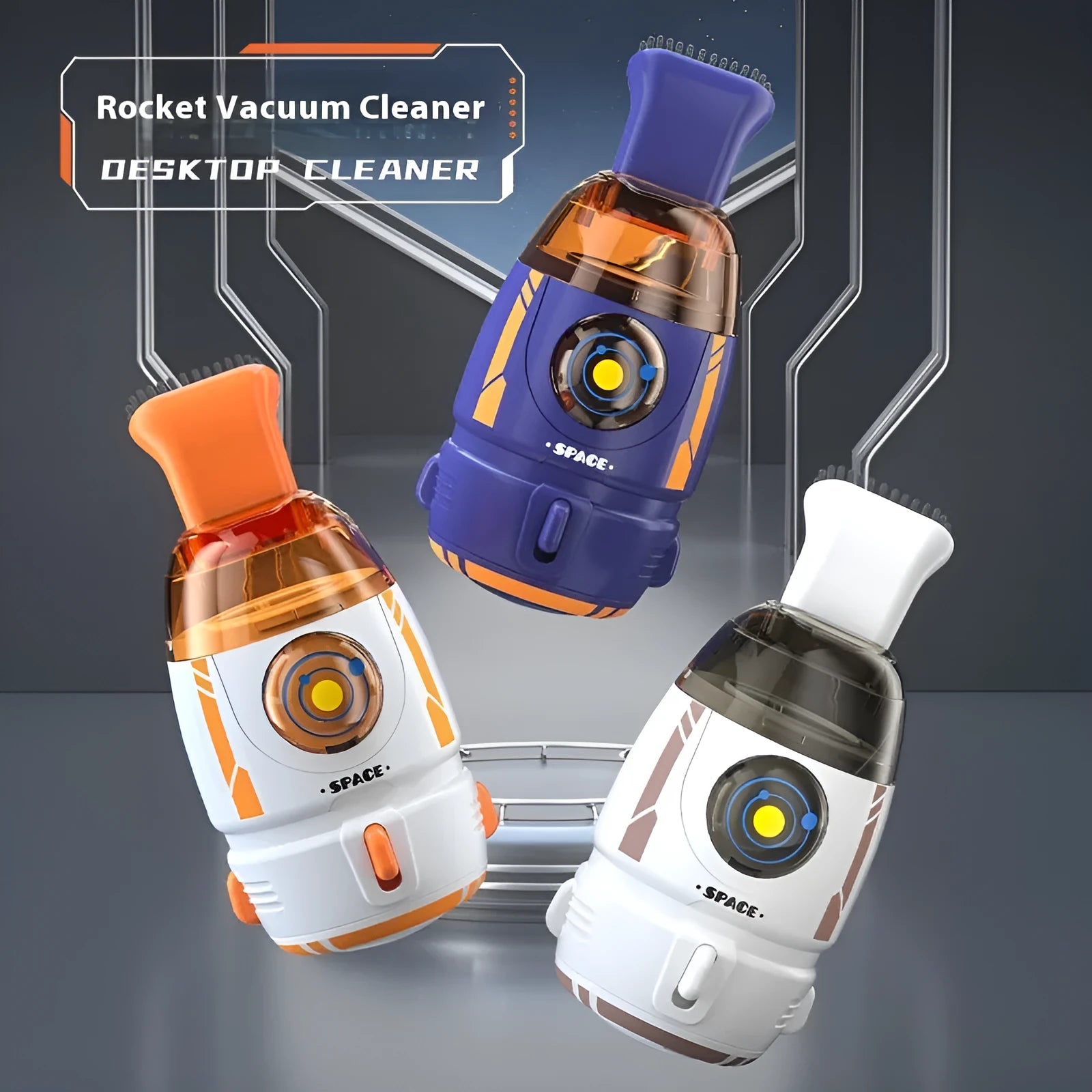 USB rechargeable handheld desktop vacuum cleaner in blue rocket design on a wooden desk