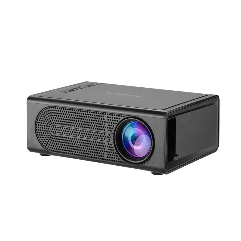 Black and white portable mini projector with lens and connection port for wired mobile phone screen mirroring.