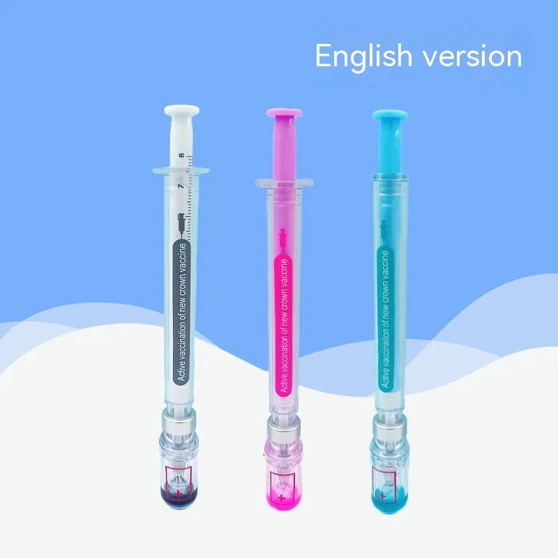 Vaccine themed gel pen with plastic cap, black 0.5mm refill, showing 15.7cm length.