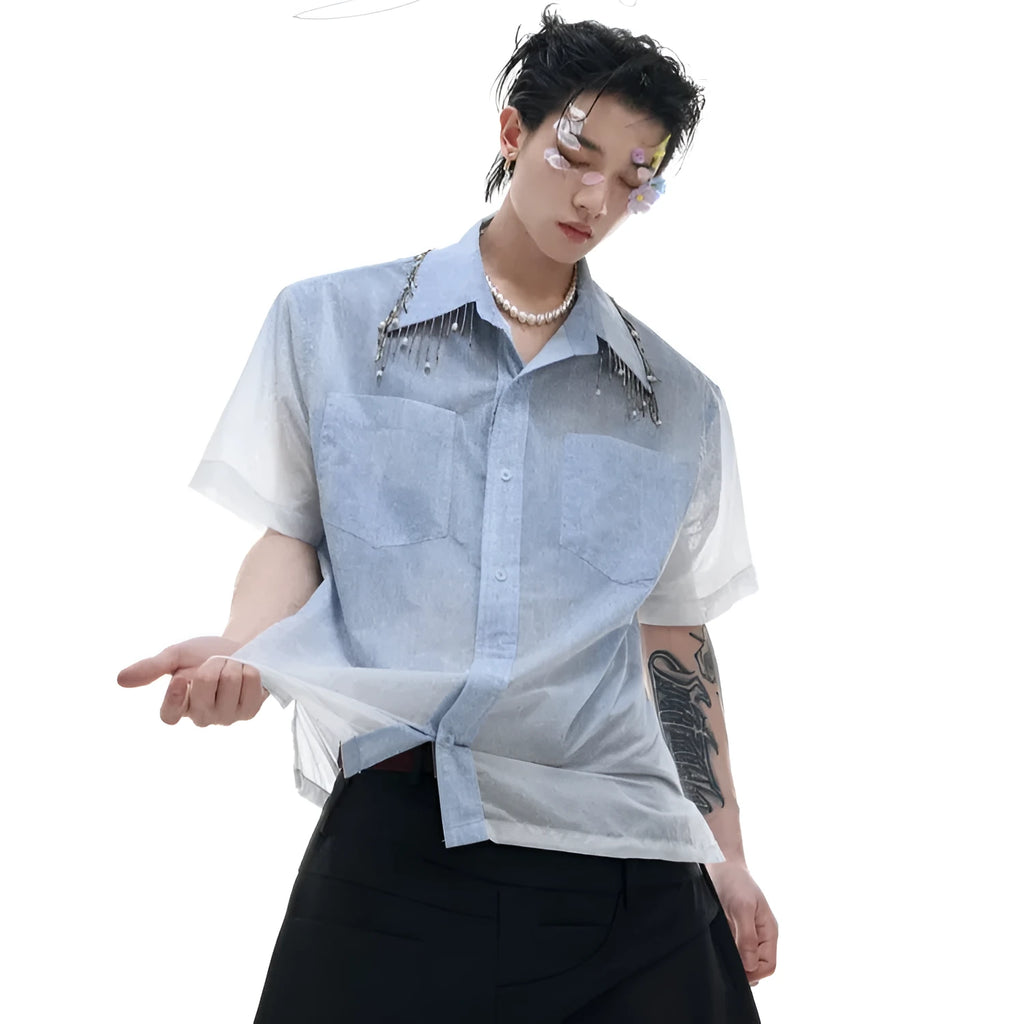 Blue loose fit half sleeve shirt with a blue to white gradient pattern on the front.