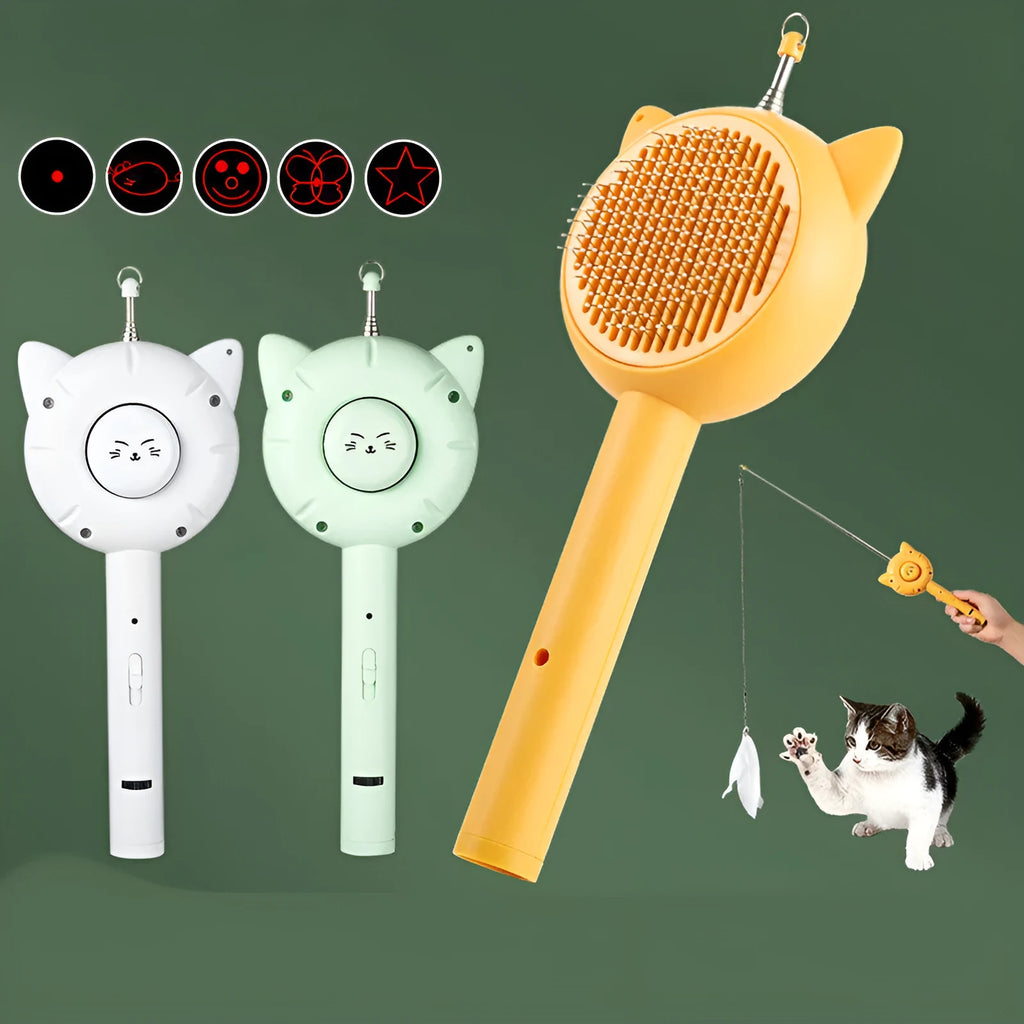 Multifunctional laser cat teaser stick with USB charging in green, white, and yellow colours on a white background
