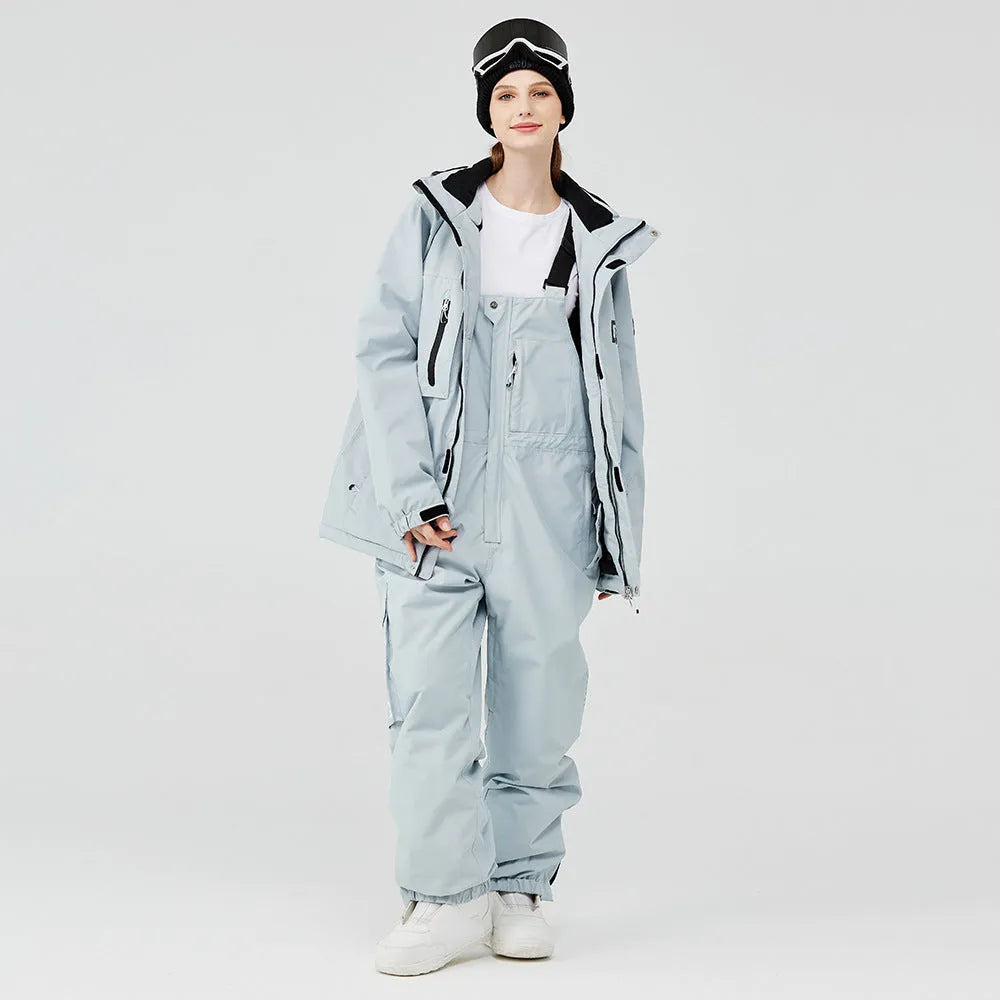 Unisex winter ski suit with veneer double board construction in blue, green, pink, or white colour combinations