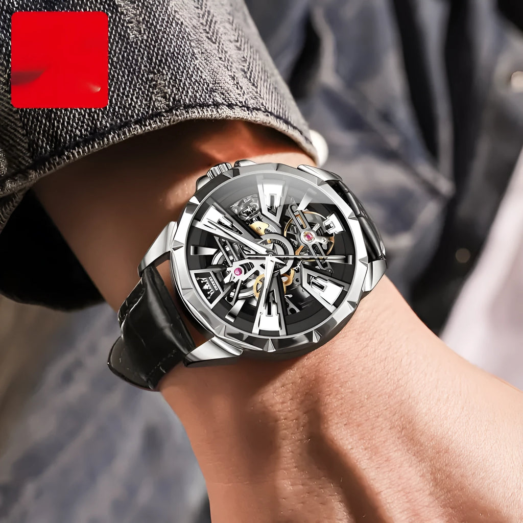 Men's automatic skeleton watch with brown leather strap and stainless steel barrel case