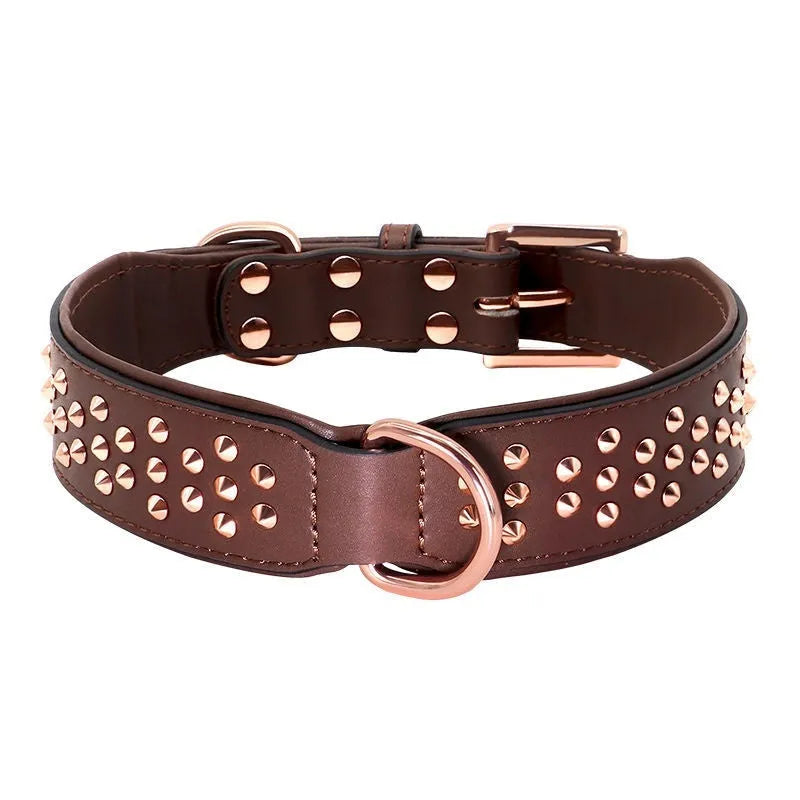 Leather dog collar with visible rivets in black, chocolate or pink for medium to large breeds