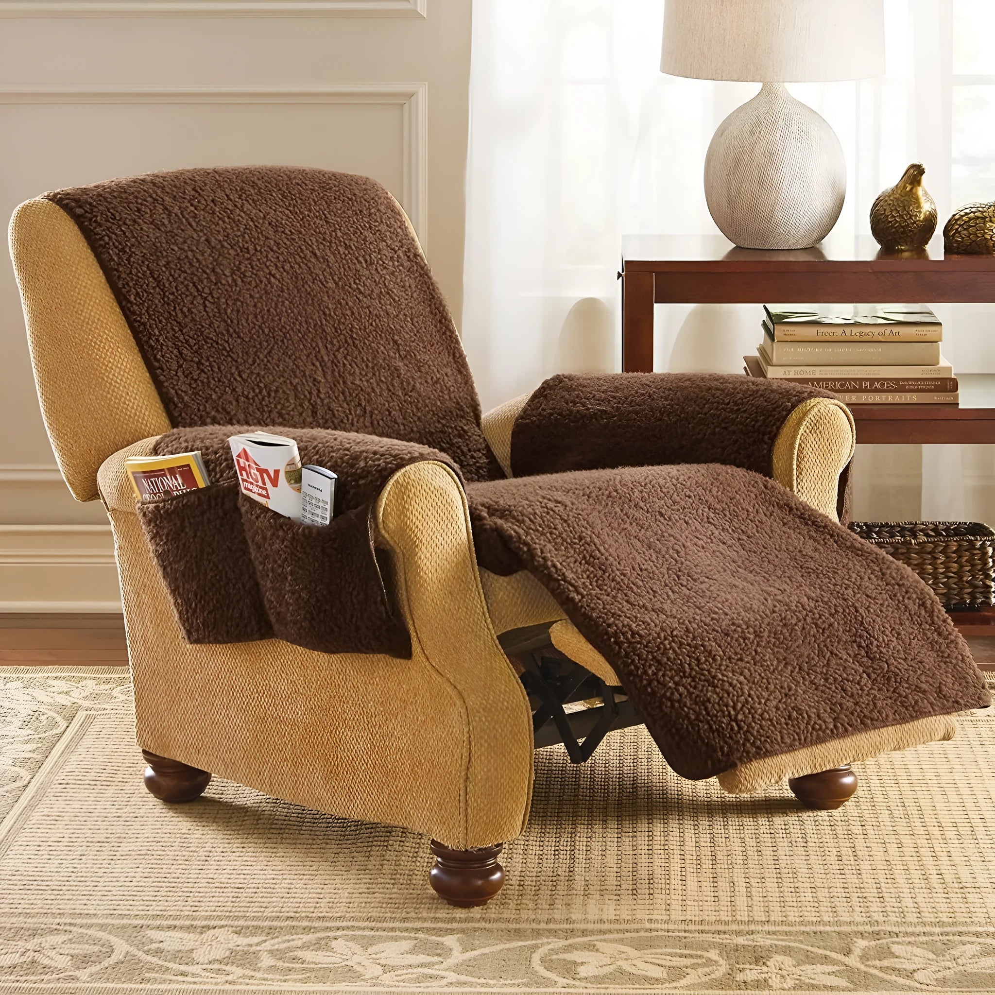 Polyester sofa cushion slipcover in a lamb wool colour on a sofa, showing elasticated corner.