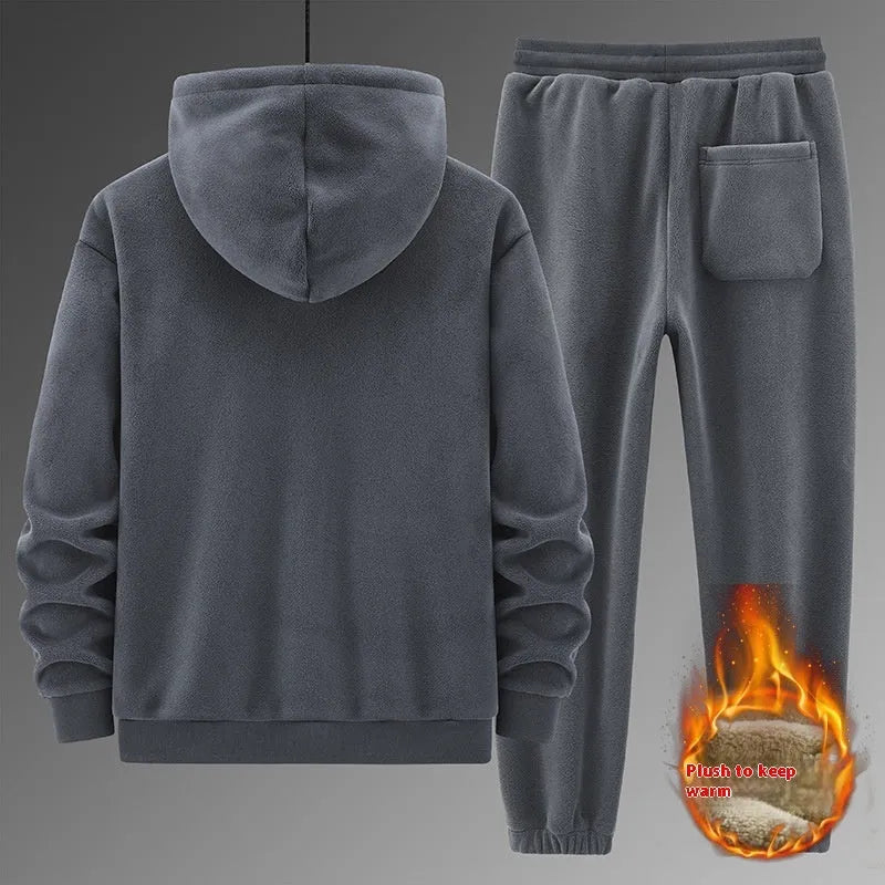 Men's grey casual sports suit with hooded sweater and matching trousers for cold weather wear
