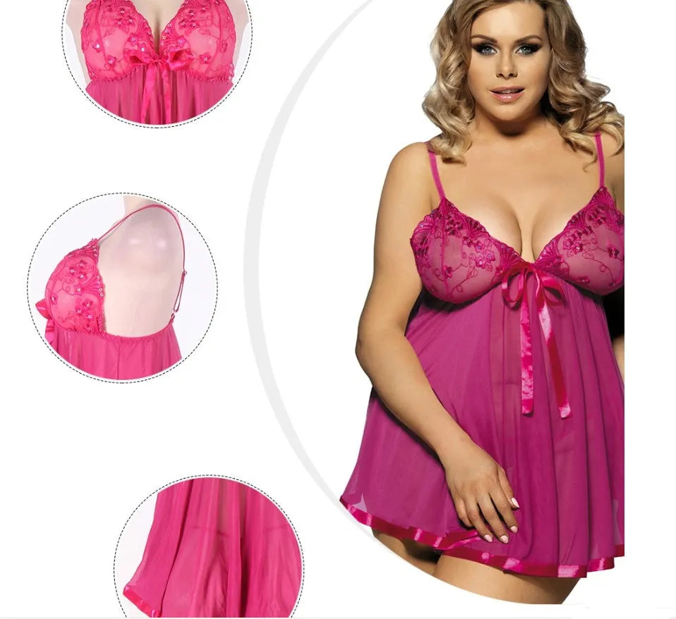 Women's black lace mesh sleepdress lingerie showing seamless construction and sling dress design