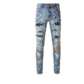 Blue denim stretch retro ripped diamond jeans for men with diamond pattern tears, front view