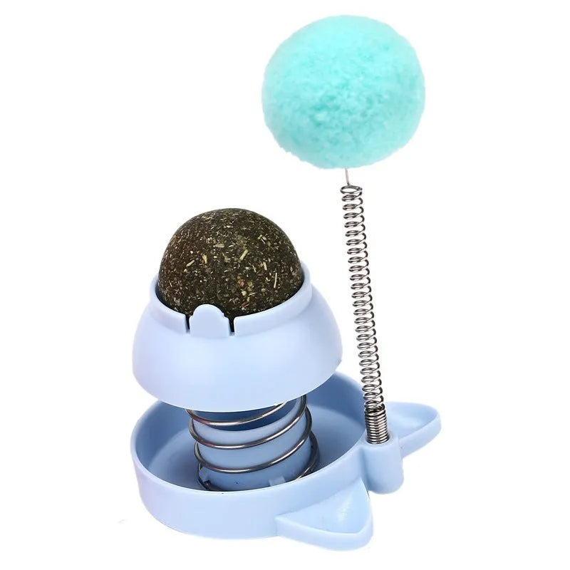 Lucky Cat mint-scented music ball and teaser stick cat toy in blue, orange or pink colours
