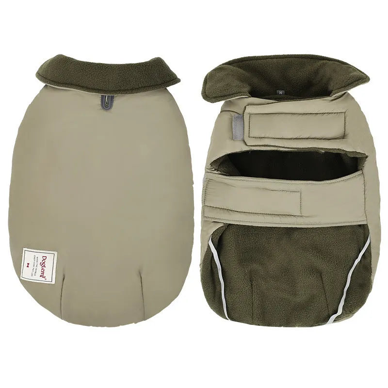 Lapel turtleneck dog cotton-padded vest in khaki green, side view on small breed dog, cold-proof warm pet clothing