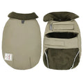 Lapel turtleneck dog cotton-padded vest in khaki green, side view on small breed dog, cold-proof warm pet clothing