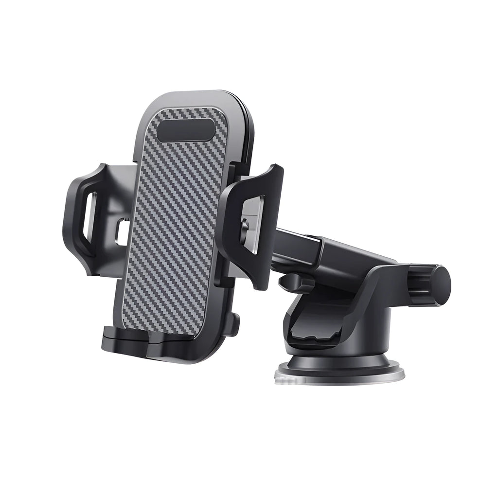 Black car windscreen phone holder for smartphones between 4 and 7 inches wide.