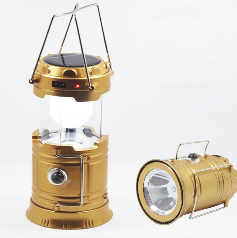 LED solar camping lantern collapsible with reflective lenses and rubber handle, 9x13x7.5cm, water resistant ABS construction