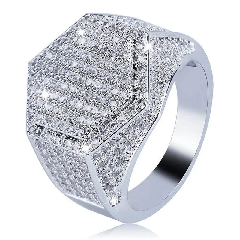Square hip hop ring with micro pave CZ stones in silver colour on hand