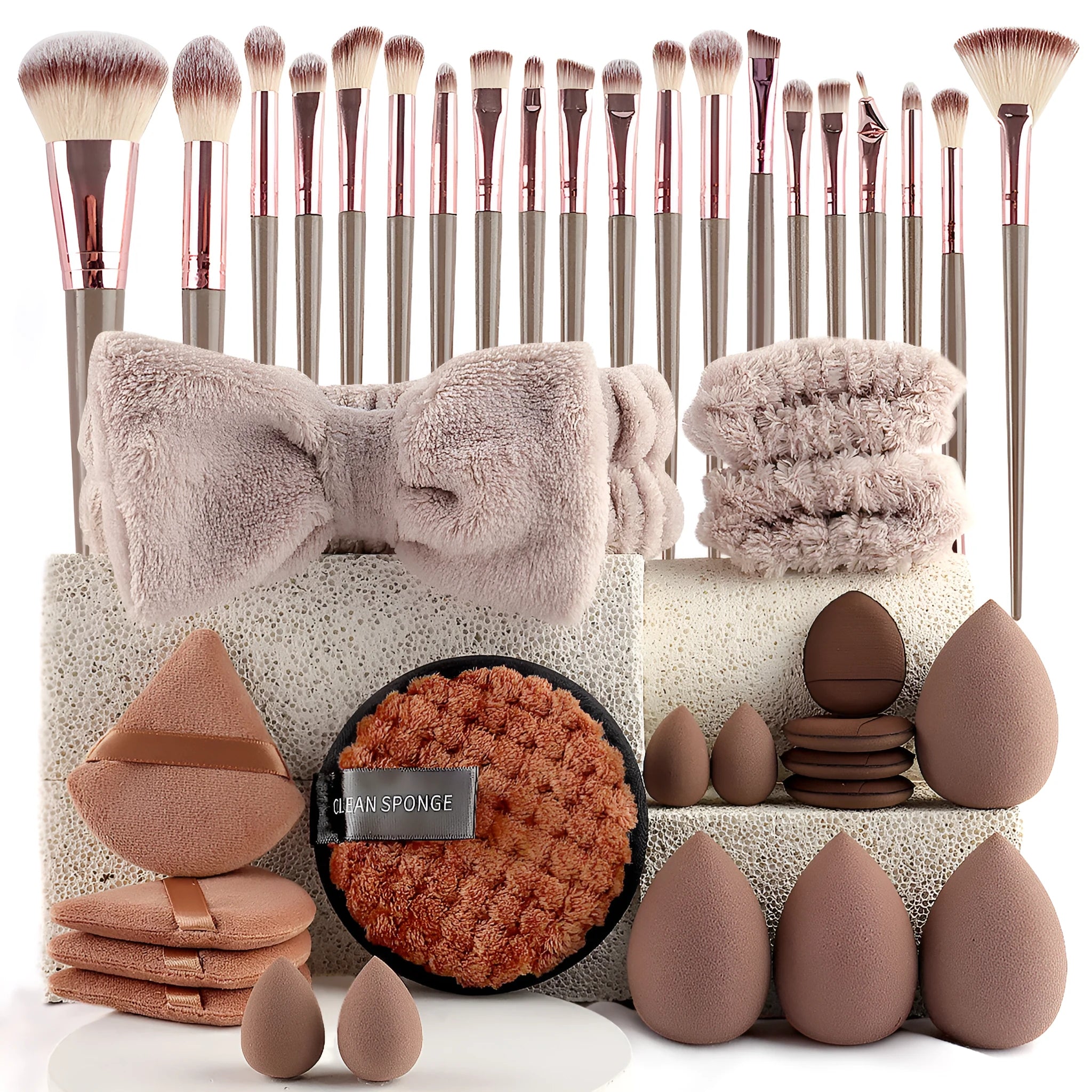 40-piece beauty tools set with hydrophilic non-latex face wash and makeup tools in brown, pink and purple colour options