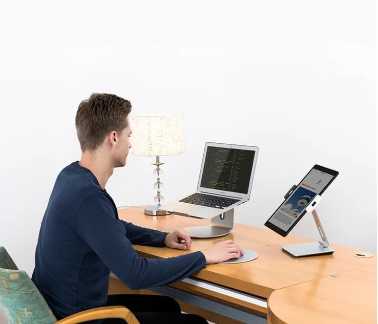Folding desktop phone tablet holder with 360° rotation in silver colour