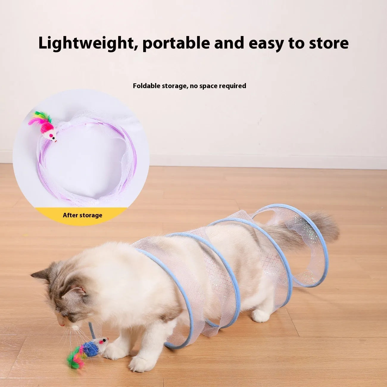 Cat tunnel toy with steel frame and elastic netting featuring feather teaser attachments