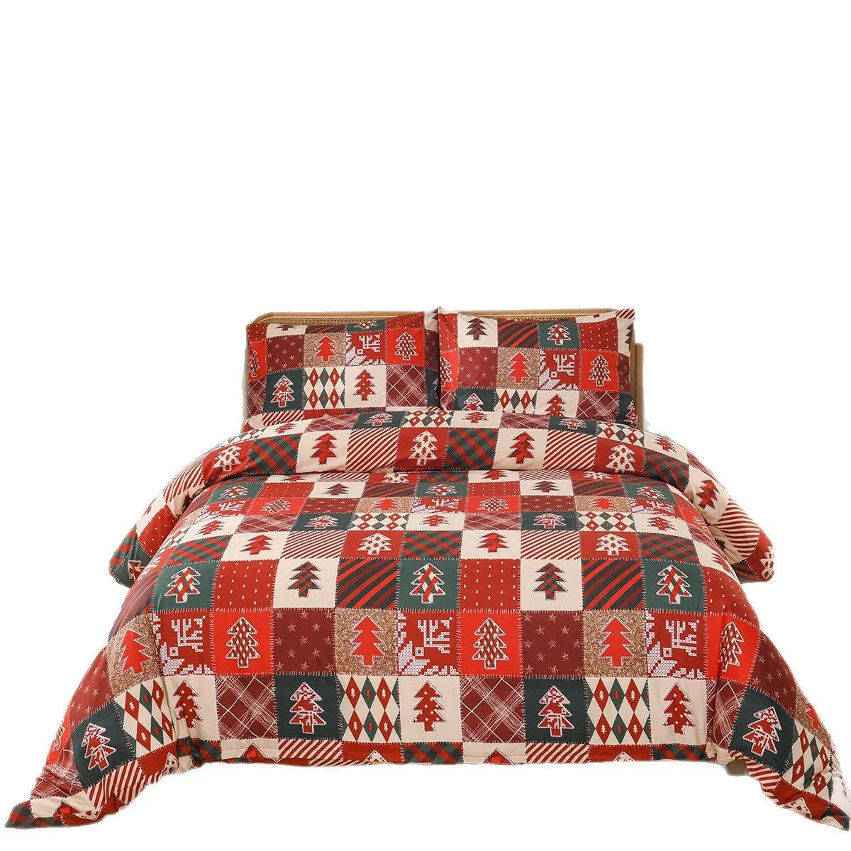 Christmas red plaid bedding three-piece set with duvet cover and pillowcases on bed