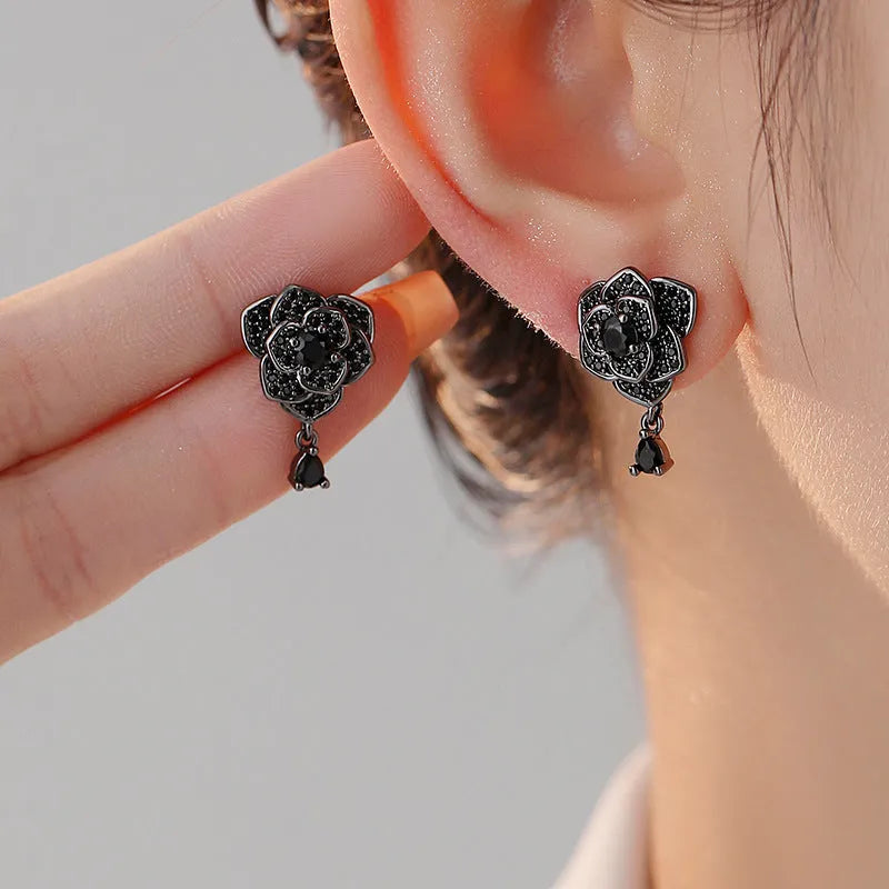 Black rose zircon flower stud earrings with 18K gold-plated copper setting