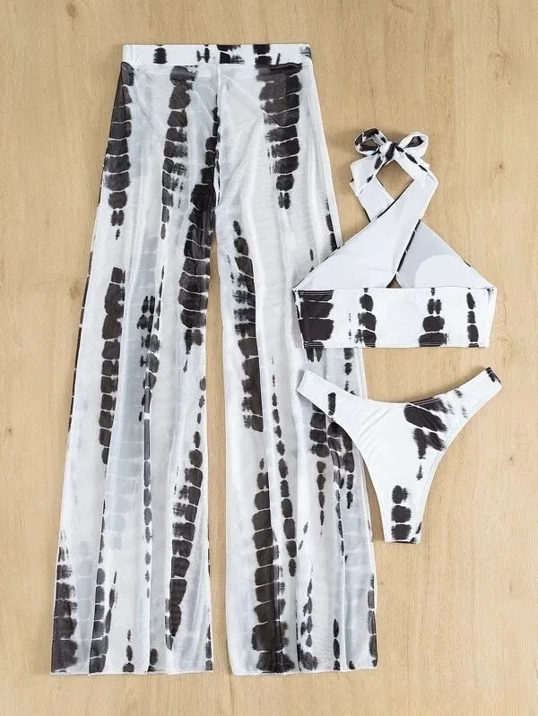 Women's three-piece swimsuit set with mesh trousers in quick-drying polyester fabric