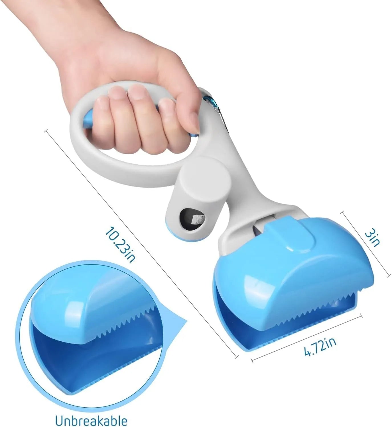 Blue pet pooper scooper with built-in trash bag holder and a hanging hook on a green lawn