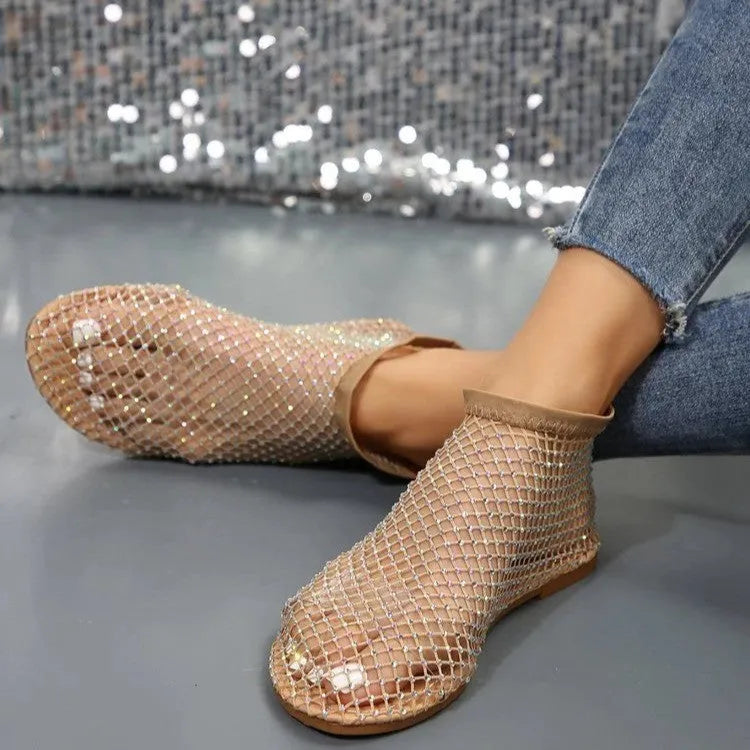 Hollow flat sandals with rhinestone design for women mesh upper round toe beige black summer shoes