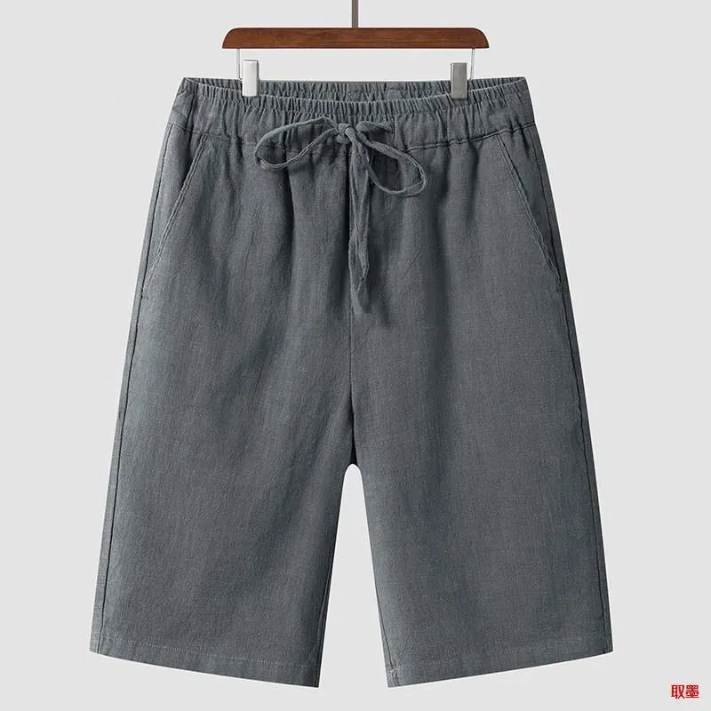 Men's linen shorts loose cropped pants mid waist summer lightweight breathable fabric
