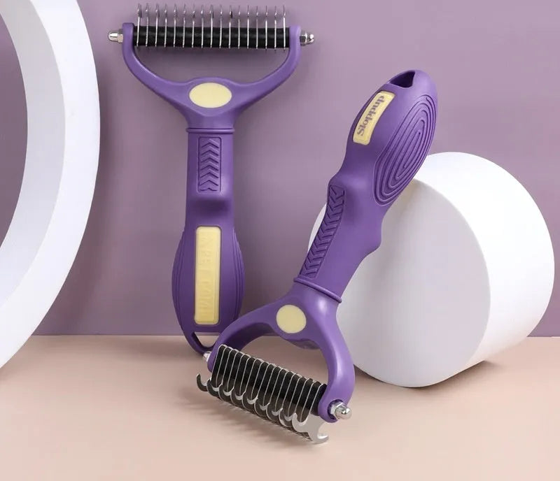 Purple double-sided plastic pet comb for detangling dog and cat fur knots