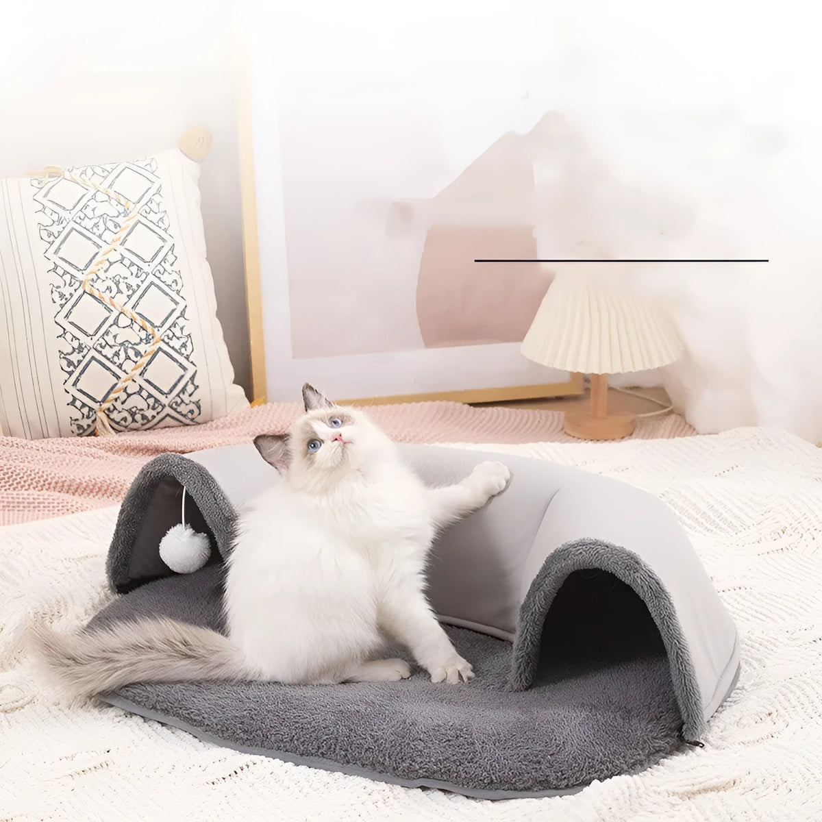 Oval cat tunnel nest in artificial leather and cotton velvet, small size 65x49x17cm