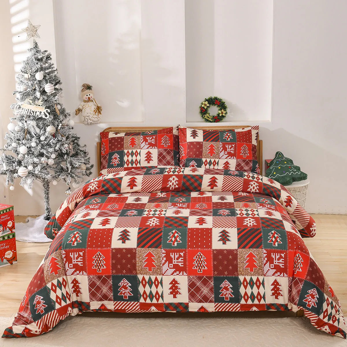 Christmas red plaid bedding three-piece set with duvet cover and pillowcases on bed