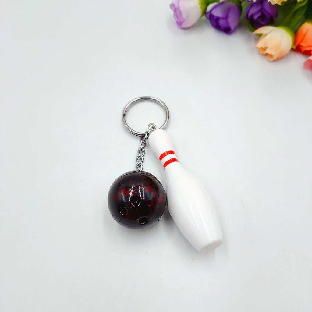 Mini bowling ball simulation keychain pendant in PVC metal construction with metal key ring
