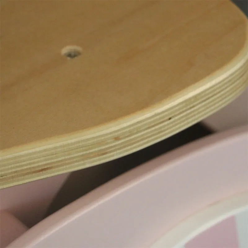 Pink wooden toddler balance scooter on a 10-inch wooden frame for children aged 1-6.