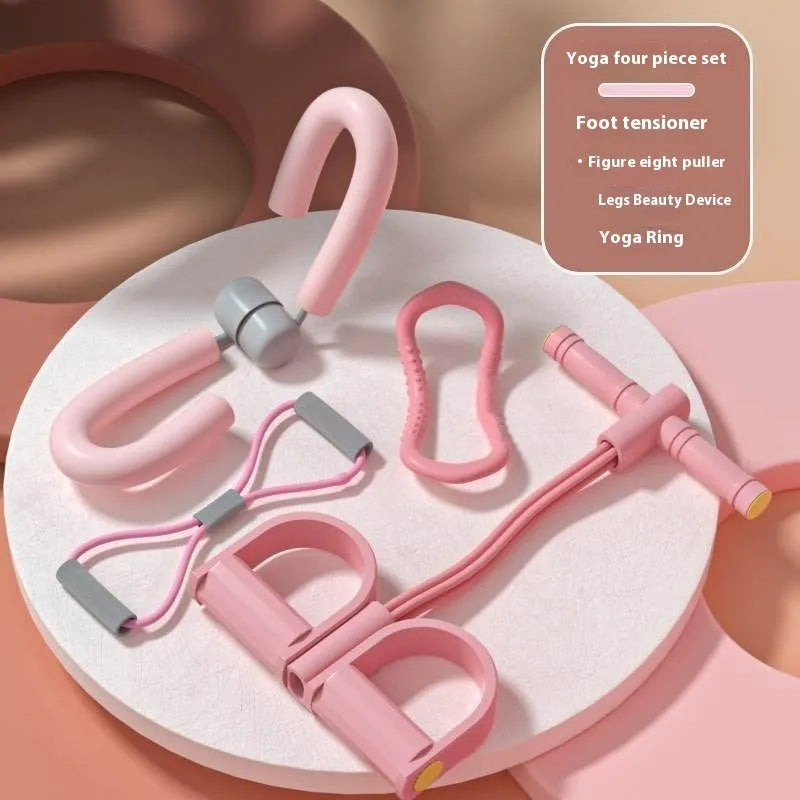Yoga four piece fitness set showing leg stretcher, foot pedal, yoga ring, and figure eight tension rope