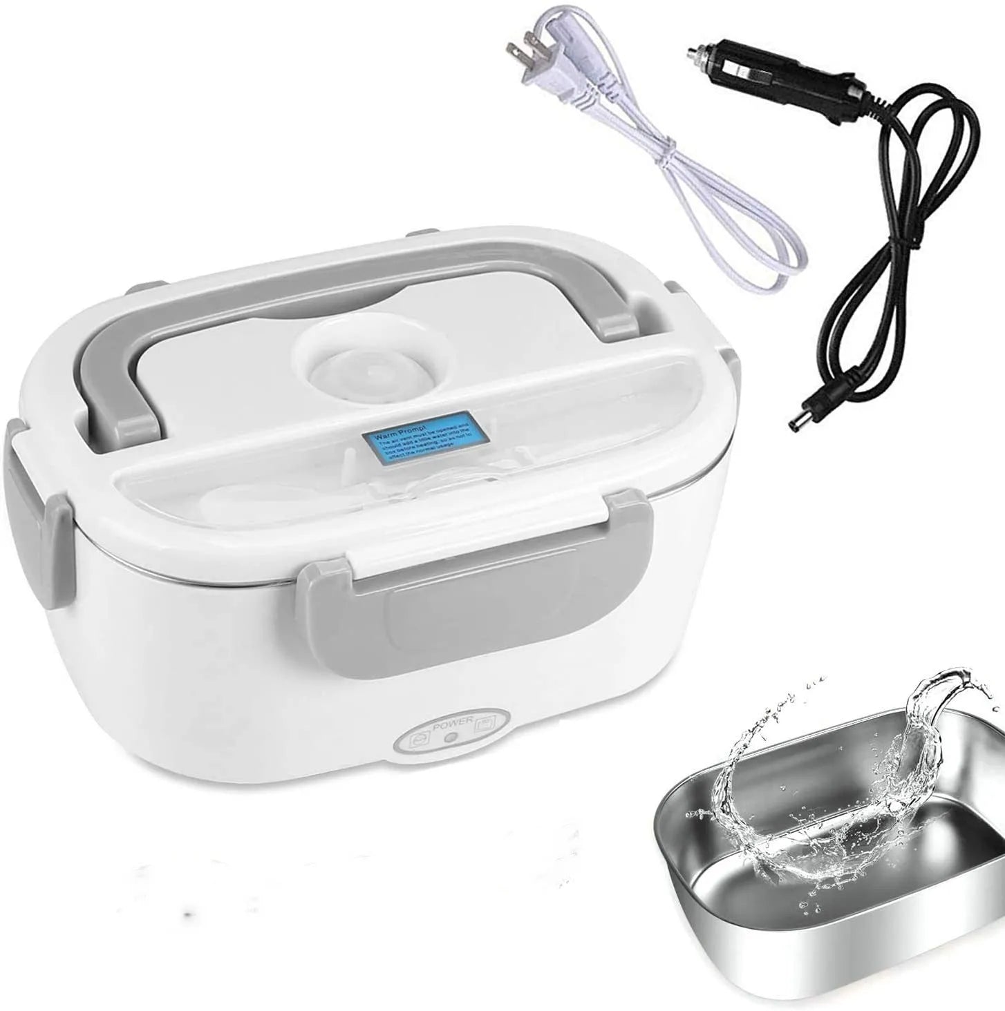 Grey dual-purpose electric lunch box for car and home use with removable food tank